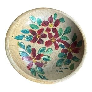 Vintage Fred Roberts Co Wood Wooden Bowl Hand‎ Painted Red Flower 6” Bowl